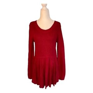 Tres Jolie Peplum Sweater‎ Deep Red Ribbed Knit Long Sleeve Scoop Neck S